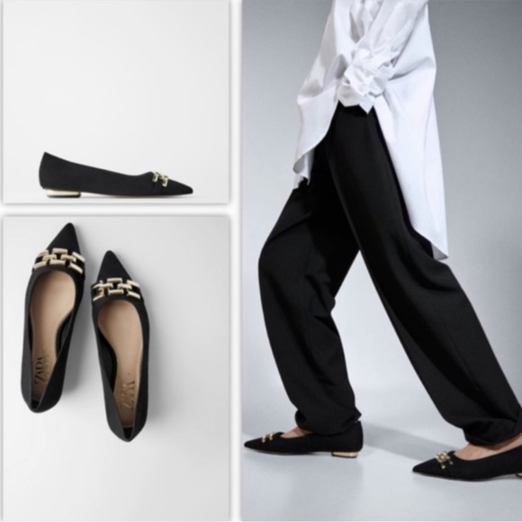 Zara Black with gold chain pointy toe flats. Size US 6.5 UK 37 - Picture 4 of 5